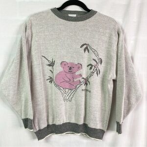 Vintage Australian Gray Wool Blend Pink Koala Sweater Med